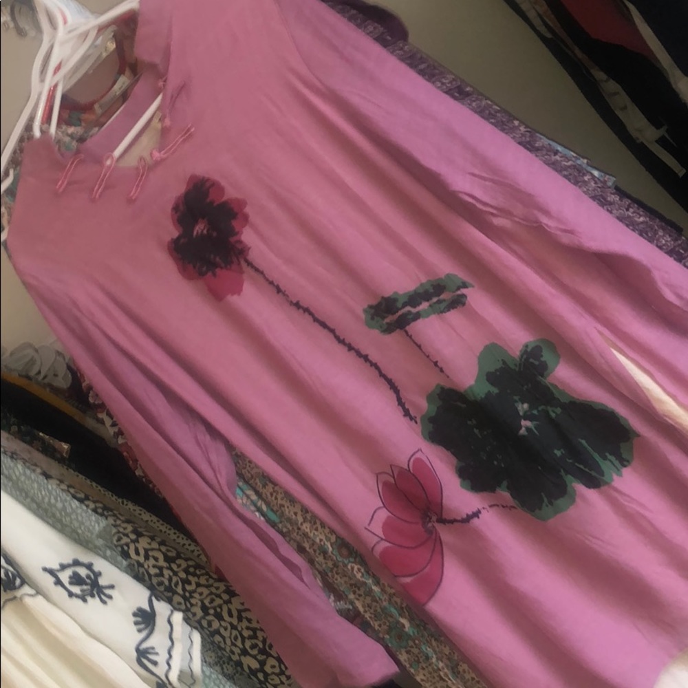 Bright pink abstract floral with an Asian neckline